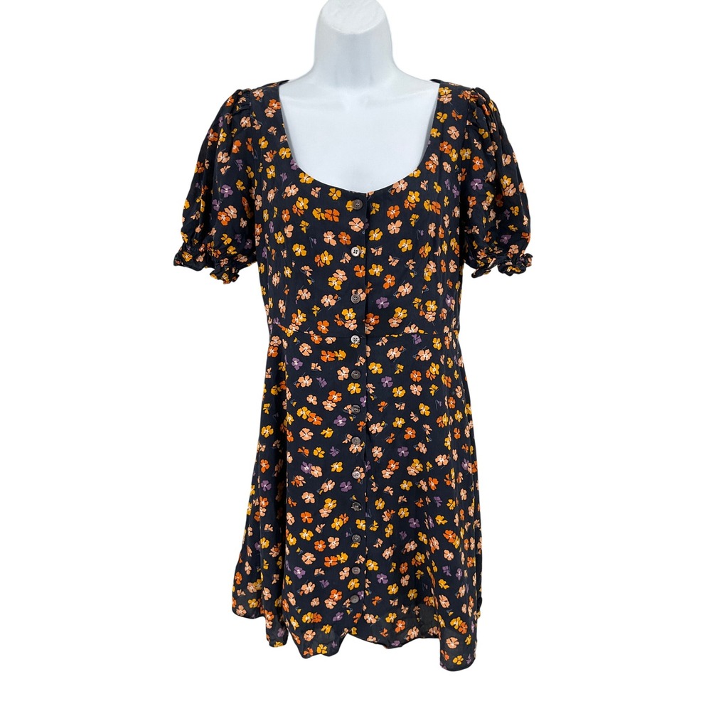 Madewell Mini Dress Womens 0 Navy Blue Floral Boho Puff Sleeve Cottagecore